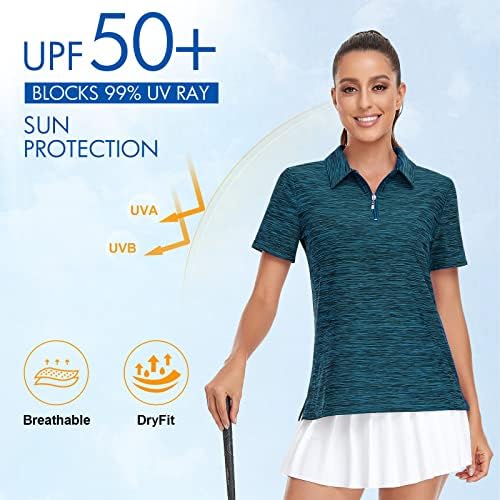וירציה נשים חולצת גולף UPF50+ אימון הגנת שמש צמרות שרוול קצר ארוך 1/4 ZIP UP פולו מהיר יבש בכושר לחות לחות