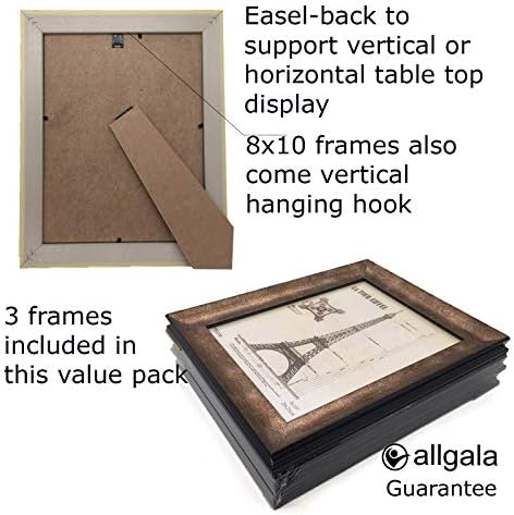 Allgala 3 -חבילות חיקוי עץ שולחן עבודה מסגרות צילום עם פנים זכוכית - 8x10 אינץ ' - סגנון חום זהוב