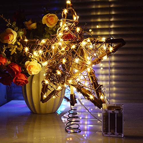 טופר עץ חג המולד של כוכב, טופר עץ חג המולד הטבעי של ראטאן מואר באורות נחושת עם סוללה לבנה עם סוללה חמה 30ft,