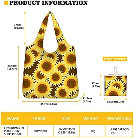 Payon Sunflower Print שימוש חוזר לתיק קניות עם כיס, שקית קניות כתפיים עמידה מתקפלת.