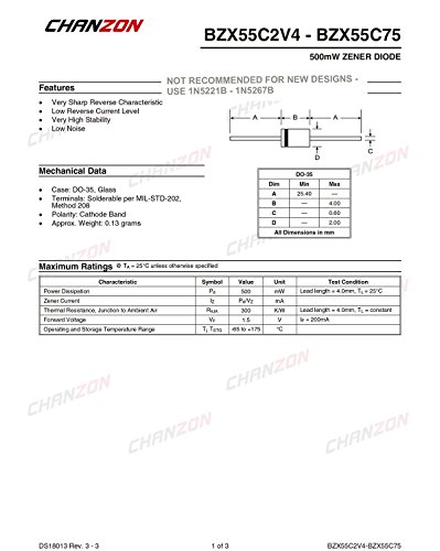 Chanzon BZX55C3V3 ZENER דיודה 0.5W 3.3V DO-35 דיודות ציריות 0.5 וואט 3.3 וולט