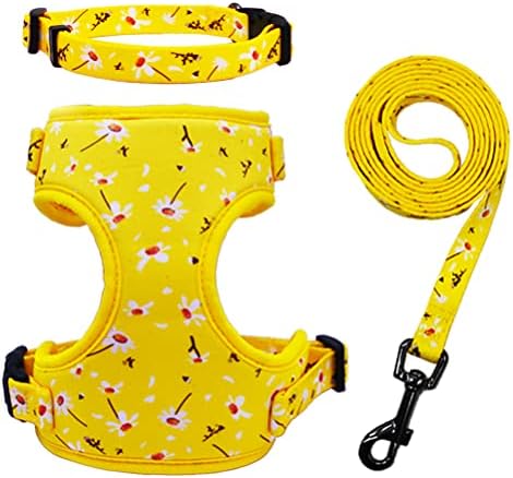רתמת כלבים עם רצועה וצווארון הגדרת רשת רכה מתכווננת לרתום גורים רך לכלבים בינוניים קטנים דפוס חיננית צהוב