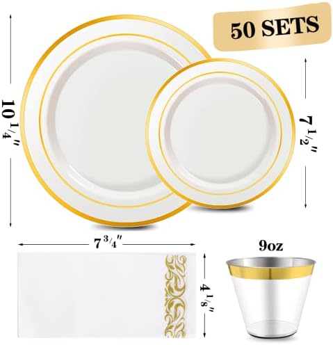 350 חתיכה זהב כלי אוכל סט עבור 50 אורחים, פלסטיק צלחות חד פעמי למסיבה, כולל: 50 זהב רים ארוחת