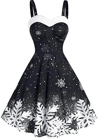 שמלת קטיפה ללא שרוולים לנשים משנות החמישים וינטג 'חג המולד של חג המולד, שמלת שמלה מודפסת קוקטייל