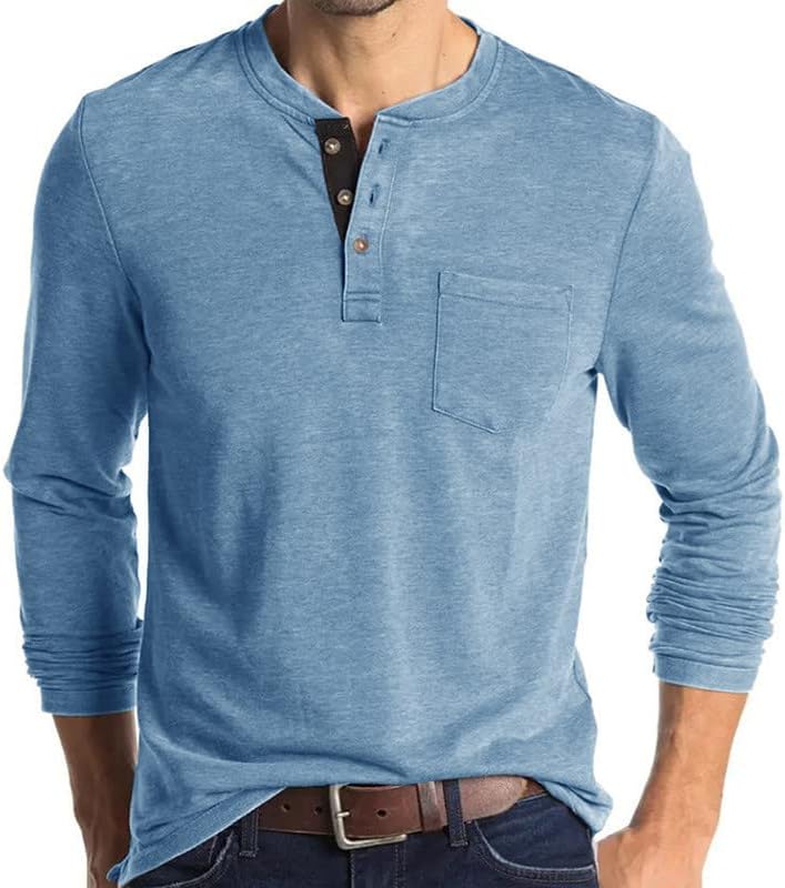חולצות הנלי גברים HGCCGDU חולצות שרוול ארוך משקל כבד משקל כבד חוף טוניקה טוניקה צמרות כיסים כותנה כותנה חולצה
