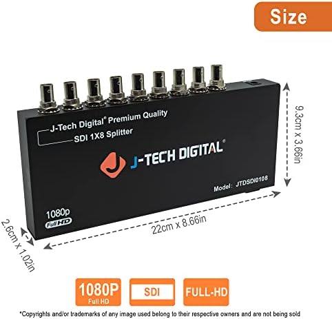 J-Tech Premium Premium איכות SDI Splitter 1x8 תומך ב- SD-SDI, HD-SDI, 3G-SDI עד 1320 רגל