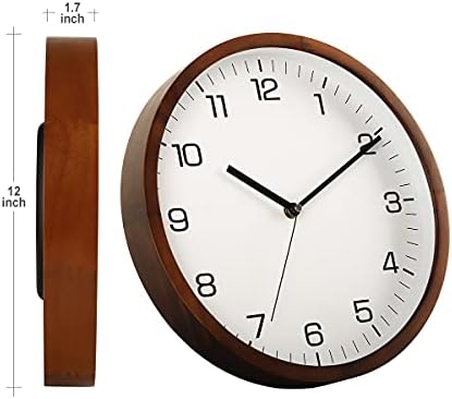 Aromustime 12 אינץ 'עגול עץ שעון קיר סוללה מופעלת בשקט אי-קירור, מצביע מתכת וכיסוי זכוכית, לכיתת