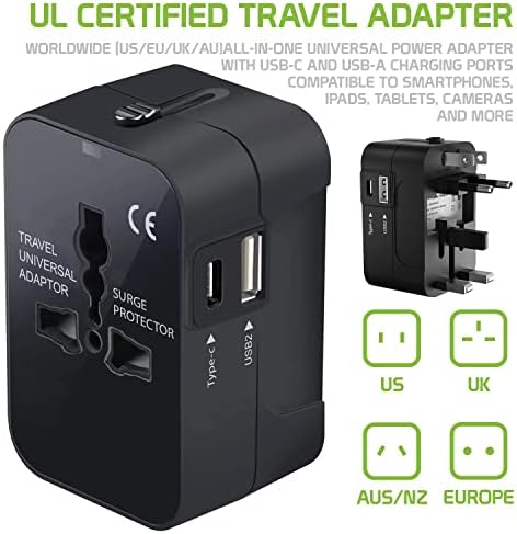 Travel USB פלוס מתאם כוח בינלאומי התואם ל- Acer Liquid E2 עבור כוח עולמי לשלושה מכשירים USB Typec, USB-A כדי