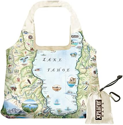 Xplorer מפות אגם טאהו מפה שקית כישוף עם ידיות - תיק קניות במכולת - לשימוש חוזר וידידותי לסביבה - ניילון