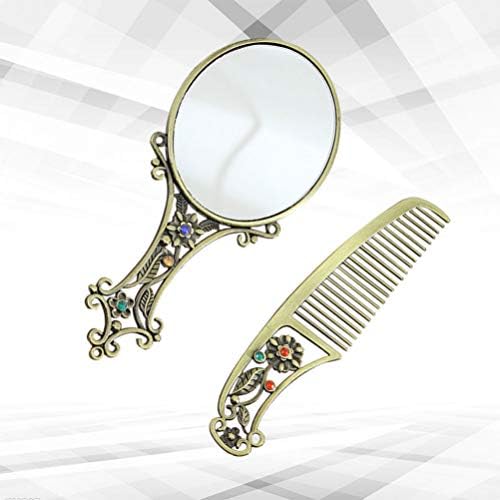 Mobestech איפור מראה מסרק סט מברשת עתיקה וינטג 'מתכת מתכת שיער ניידת מסרק מתנה לגברת אישה