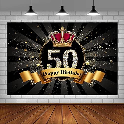 סנדלי 7x5ft שמח 50 יום הולדת למסיבת יום הולדת תפאורה נצנצים רקע כתר שחור וזהב לאישה גבר 50 קישוטי מסיבות 50