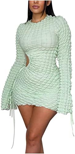 נשים טרנדי בגד גוף שמלה עגול צוואר ארוך שרוולים לגזור לעטוף מיני שמלות קיץ מזדמן רזה בכושר חוף יבול שמלה