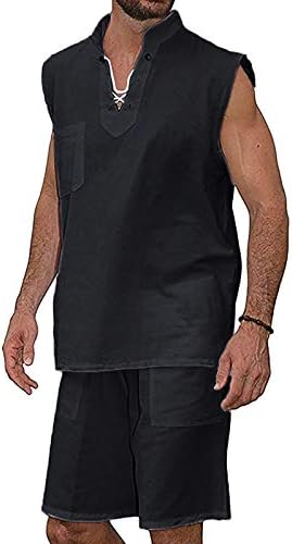 חולצת פשתן כותנה לגברים של Ghdhue סטים הוואי חולצה ללא שרוולים וחליפות מכנסיים קצרים סט 2 סטים חליפות טרופיות