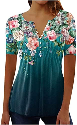 חולצת טי קיץ מזדמנת של קיץ לנשים V צוואר חולצות טוניקה קפלים חולצות טוניקה צבעוניות הדפס פרחוני צבעוני