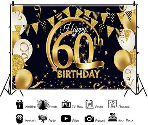 LAEACCO 10X7FT קישוט מסיבת יום הולדת 60 שלט שחור וזהב פוסטר נצנצים מאושרים של מסיבת יום הולדת