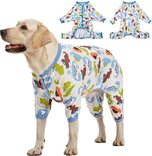 Lovinpet פיג'מות כלבים גדולות, סגנון הדפסת דינוזאור/הגנה על UV/ניתוח לאחר הניתוח/הקלה חרדה, משקל קל סוודר כלב גדול/כלב