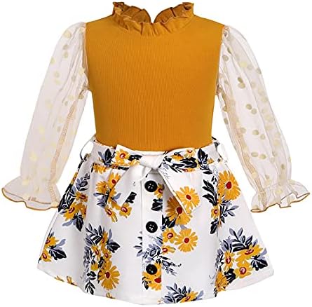 CBHaiblyd פעוט ילדה בגדי שמלת שרוול רשת שרוול מדומה חולצה חולצה+חגורת עצמית חצאית נמר פרחונית בנות נופלות