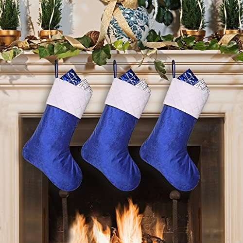 גרבי חג המולד של Ugiftcorner 3 חבילות גרבי חג המולד קטיפה כחולה עם שרוול מרופד לבן גרבי חג המולד גדול