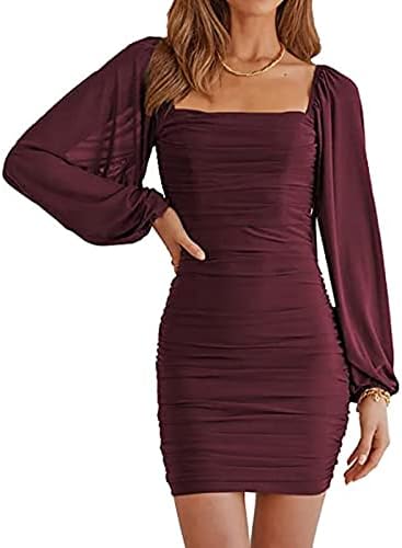 מוצק מידי שמלת כיכר צווארון שרוול ארוך שרוול שמלה גבוהה אלסטי רשת רזה חצאית ילדה נשים בציר שמלה