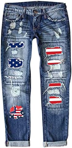 נשים בתוספת גודל מכנסיים אלסטי מותניים נשים ג ' ינס עצמאות יום הדפסת קרע מכנסיים זית בגדים לנשים