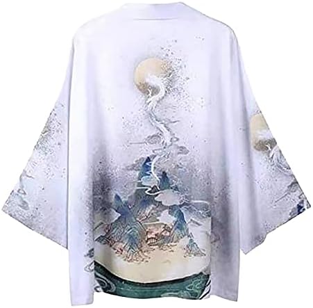 Beuu Kimono Cardigan יפני לגברים, קדמי פתוח רופף 3/4 שרוול קל משקל קל משקל אוקייו דרקון ג'קט דפוס גלימה מזדמנת