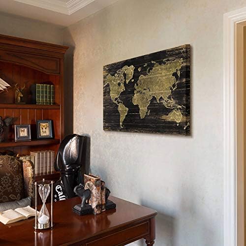 מפת עולם בד קיר אמנות: מפת על כהה חום עץ רקע גרפי אמנות ציור הדפסת לסלון דקור