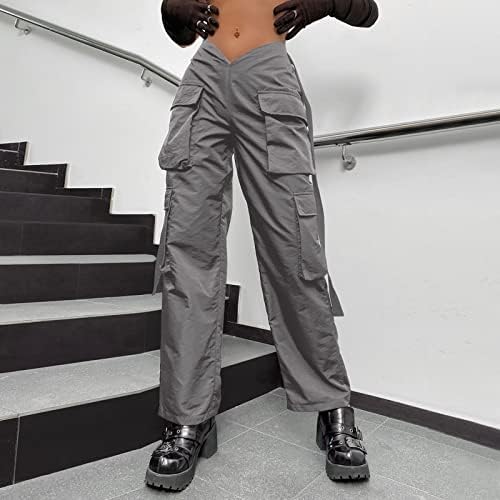 מכנסי מטען של נשים Y2K מכנסיים מותניים גבוהים מכנסי רגל רחבים מזדמנים עם כיסים בצבע אחיד מכנסיים מדי יום