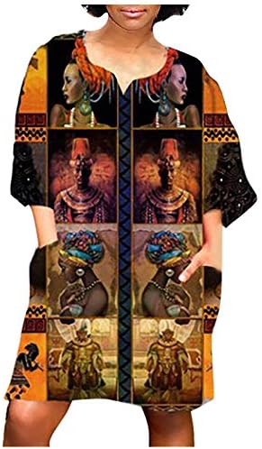 בתוספת גודל אפריקאי שמלות לנשים בציר הדפסת צווארון אמצע שרוול מזדמן מיני שמלה עם כיס