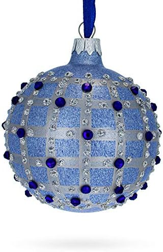 מעצב צרפתי תכשיטים כחולים בדוק שרשרת זכוכית כדור זכוכית קישוט חג המולד 3.25 אינץ '