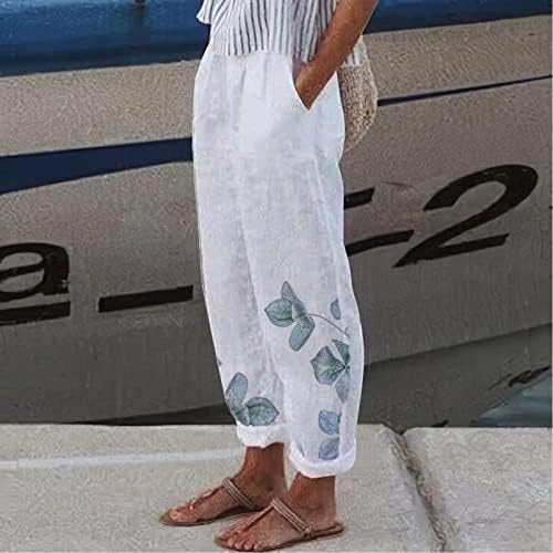 נשים מקרית גבוהה מותן רחב רגל מכנסיים פרפר הדפסת כותנה פשתן מזדמן רופף קיץ חוף מכנסיים עם כיסים