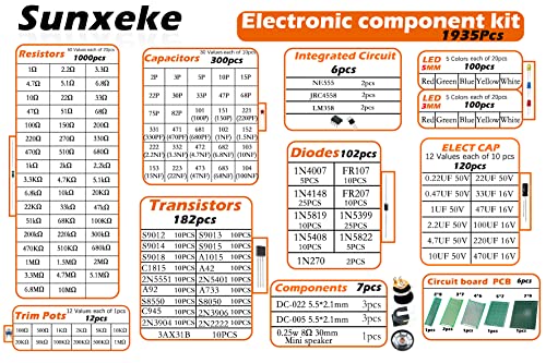 Sunxeke 1935pcs רכיבים אלקטרוניים ערכת חלקים חלק DIY, כוללים נגדים מרובי סוגים, קבלים, טריודה,