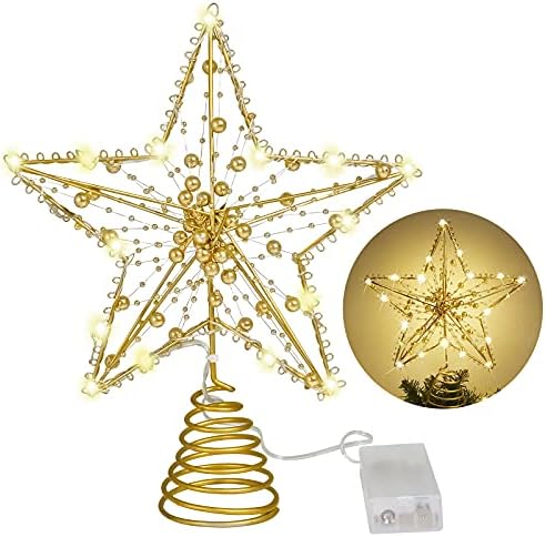 MAIAGE 10 אינץ 'טופר עץ כוכב חג המולד עם 20 אורות לבנים חמים LED, עיצוב חרוזי זהב עגול ומבריק לקישוטים לעץ