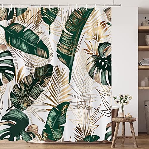 עלים טרופיים ירוקים וילון מקלחת בוהו דקל דקל זהב הוואי הוואי עץ בננה קיץ טבע וילונות אמבטיה עם וו 70x70 אינץ