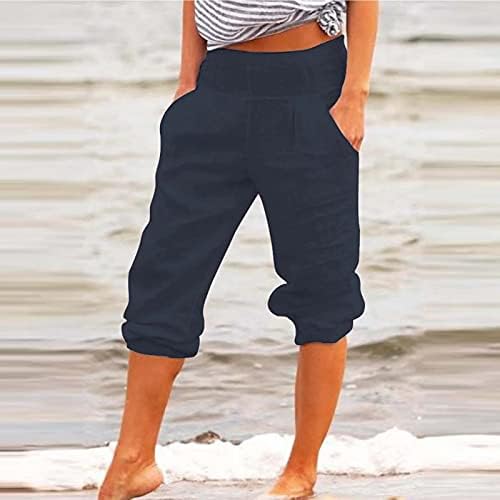 מכנסי קפרי פשתן כותנה של נשים, חוף רחב רגליים רופפות באורך ברך באורך ברך קפריס קיץ מכנסיים קצוצים מזדמנים