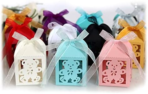 Zyzmh 50 יחידות דוב קטן קופסאות ממתקים ממתקים מעדיפים קופסאות מתנה עם סרט ליום הולדת ליום המסיבות לחתונה
