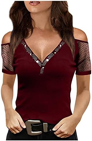 חולצת טי של כתף קרה לנשים לחולצות צוואר חולצות רשת רשת שרוול קצר חולצות צבעוניות חולצות צבעוניות