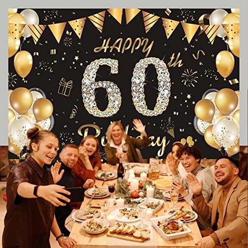 שחור וזהב שמח 60 יום הולדת רקע באנר עבור גברים נשים, שישים שנה מסיבת יום הולדת צילום רקע עוגת שולחן