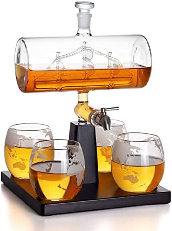 סט 1000 מל/33.8oz ערכת ויסקי ויסקי עם 4 כוסות ובסיס עץ, מתקן משקאות זכוכית קריסטל, ספינה ו 320 מל/10.8oz כוסות