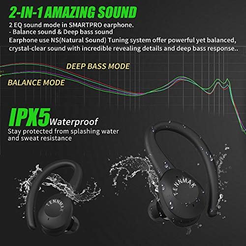 Tennmak 2 ב 1 ספורט ואוזניות אלחוטיות אמיתיות מזדמנים, אוזניות Bluetooth של SmartPro באוזניים