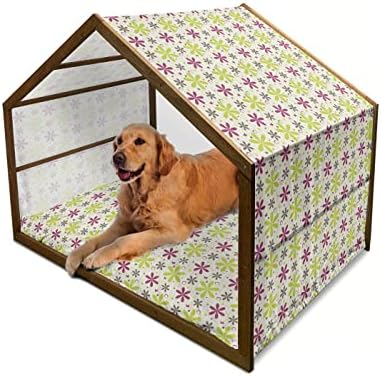 בית כלבים מעץ וינטג ' אמבסון, תבנית משובצת מיושנת בצבעים עלובים גיאומטרית קלאסית, מלונה ניידת לכלבים מקורה