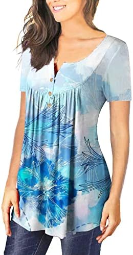 נשים חולצות קיץ פרחוני טוניקה קצר שרוול הנלי חולצת טי להסתיר בטן צווארון חולצות מקרית חולצות עבור
