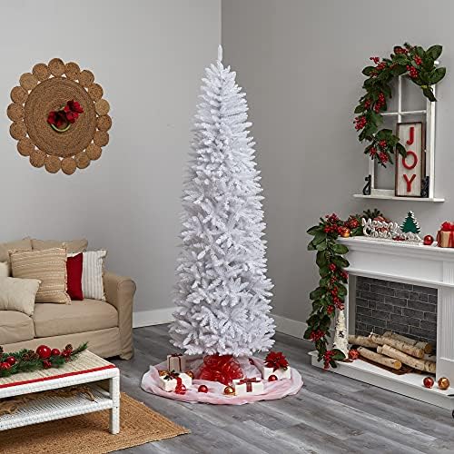 8ft. עץ חג המולד מלאכותי לבן דק עם 400 נורות LED לבנות חמות ו 1348 ענפים הניתנים לכפיפה