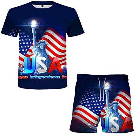 סט אימונית הדפסת דגל אמריקאית לגברים לחולצת T פטריוטית ומכנסי ספורט אימון תלבושות שרוול קצר 2 חלקים