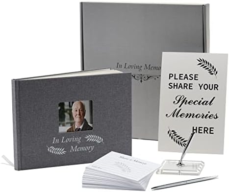 ספר אורחים הלוויה לטקס אזכרה, ספר אורחים לחגיגת החיים, ספר זיכרון פשתן אפור עם מסגרת תמונה, כרטיסי זיכרון