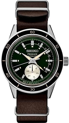שעון אוטומטי רצועת עור חומה בחיוג ירוק לגברים של סייקו
