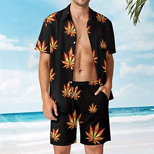 WeedKeycat עשב אש אש עלה תלבושות חוף לגברים 2 חלקים כפתור הוואי מטה חולצה קצרה שרוול ומכנסיים