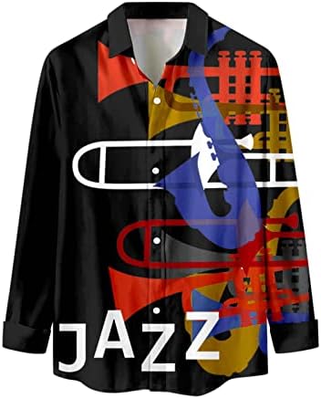כפתור מזדמן של ZDDO לגברים למטה חולצות שרוול ארוך סתיו חוף חוף וינטג 'מוסיקה ג'אז הדפסת ג'אז הדפסת באולינג הוואי