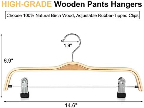 קולב טופיה קולבי מכנסי עץ, קולבי חצאית עץ טבעיים רזים עם וו אנטי-רוסט וקטעי מתכת מתכווננים, מושלמים לחצאיות, מכנסיים,