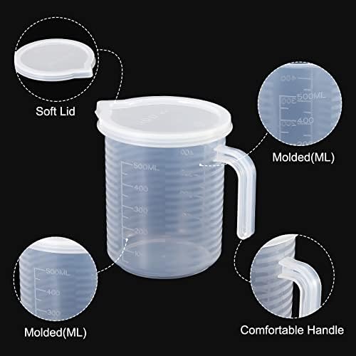 Beaker בוגר Patikil, 2 חבילות 500 מל PP נוזל פלסטיק גביע מדידה כוס דו צדדי עם מכסה ידית וזרבובית למטבח מעבדה