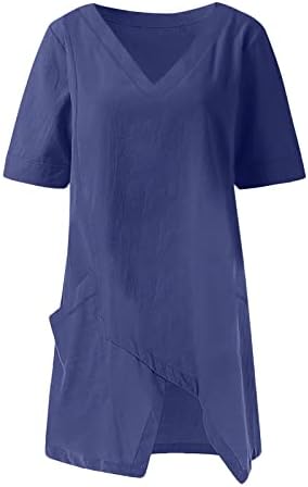 צמרות לנשים חולצות פשתן כותנה שרוול קצר מזדמן V צוואר טוניקה טוניקה בתוספת חולצות צבע אחות עם כיסים